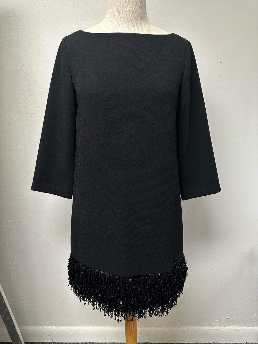 Kate Spade Black Boatneck Mini Dress with Sequin Fringe Hem